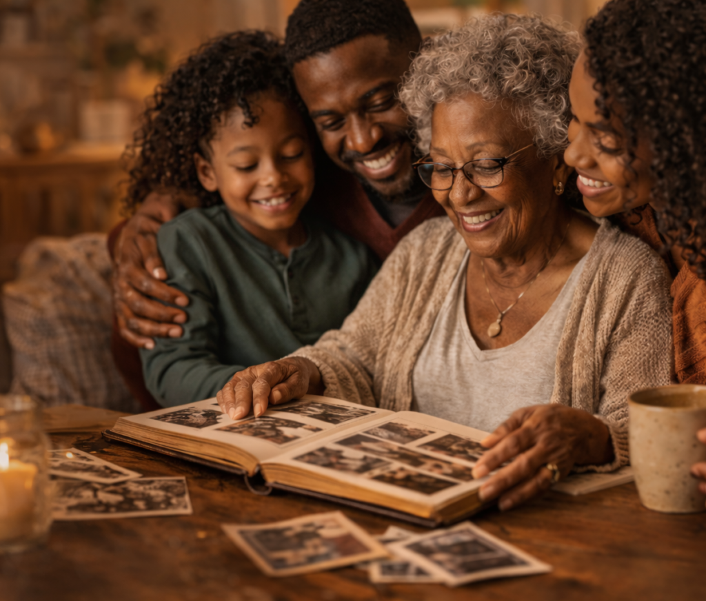 A family looking through a photo album together