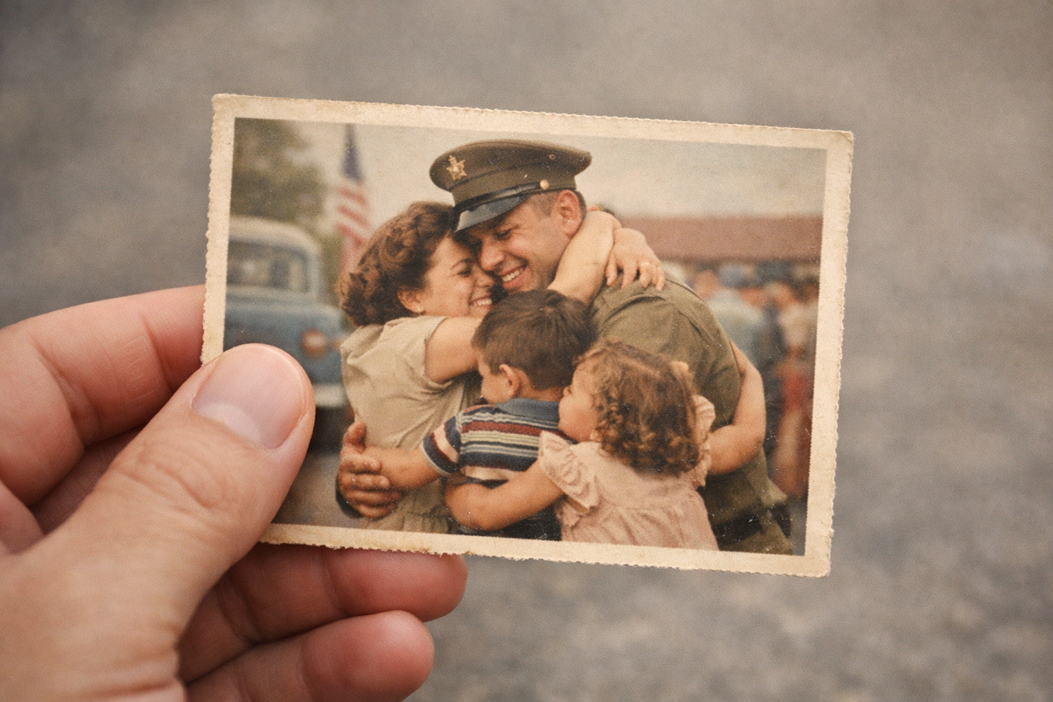 1950s military homecoming photograph held in hand, family embracing returning service member