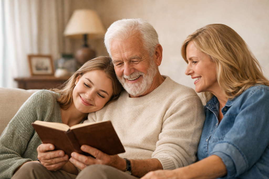A grandfather reading with his family