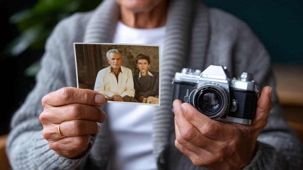 A hand holding an old family photograph