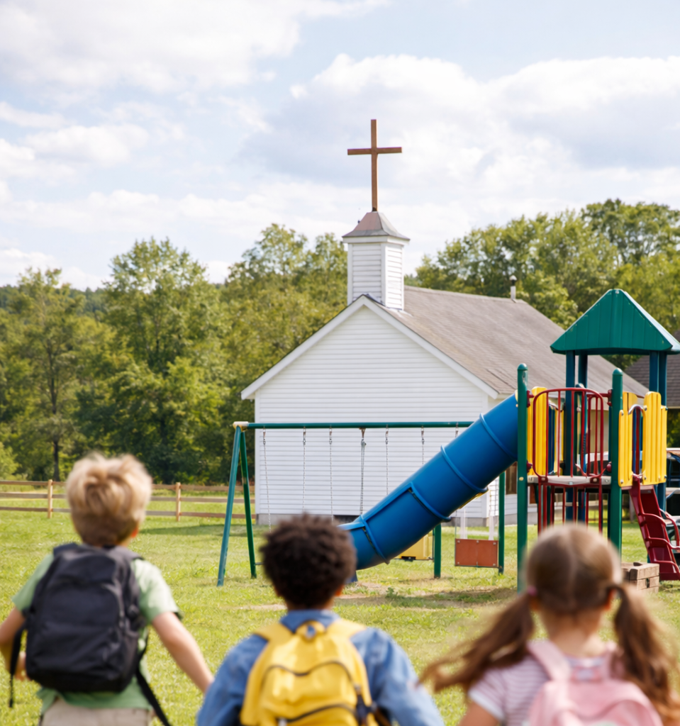 Children at play outside a country church